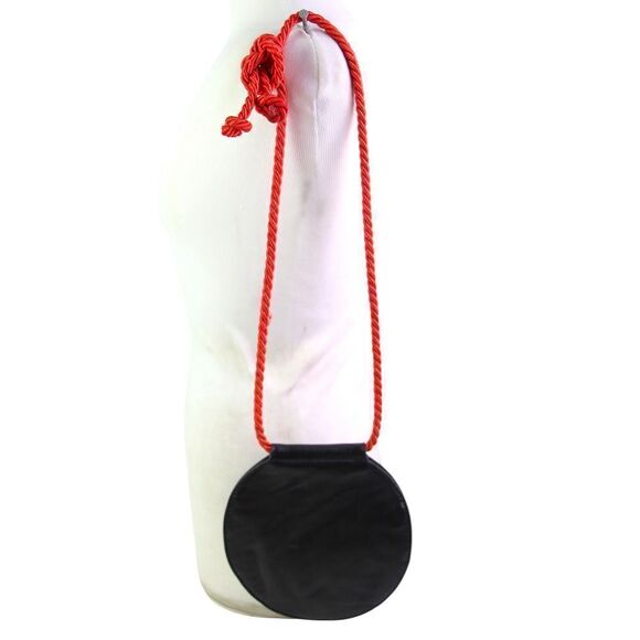 Free People BLACK REAL LEATHER RED CORD STRAP X-BODY SHOULDER BAG HANDBAG PURSE - Picture 2 of 12